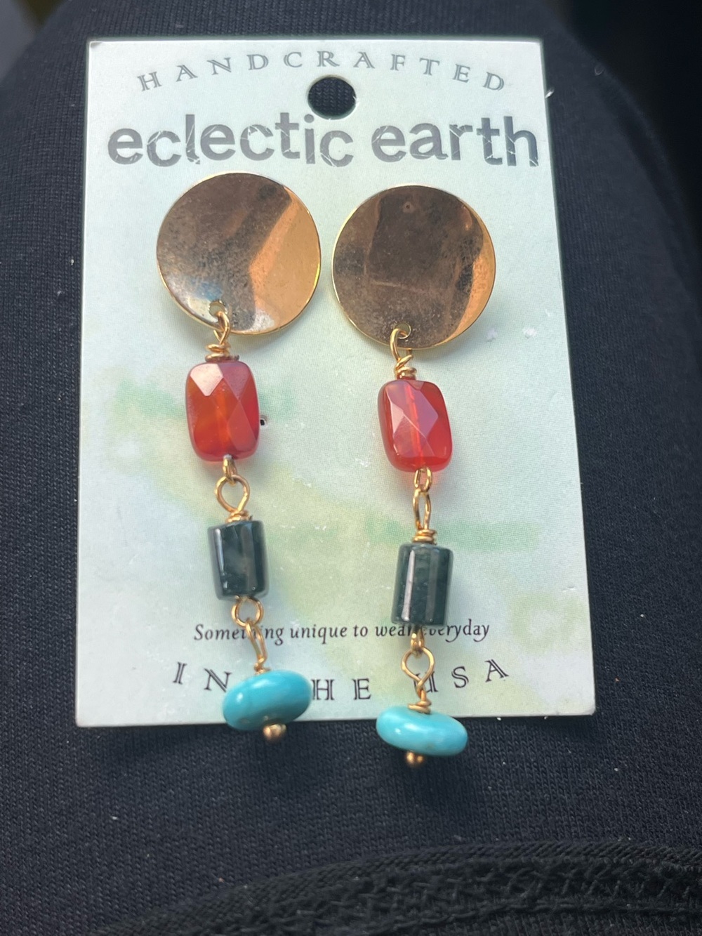 Eclectic Earth Gold-Disc Earrings with Red, Green & Turquoise Beads